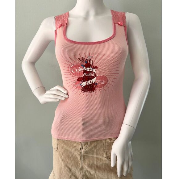 Coca Cola Tops - Vintage Y2K Coca-Cola Distressed Graphic Pink Lace Trim Baby Tank Top size XS